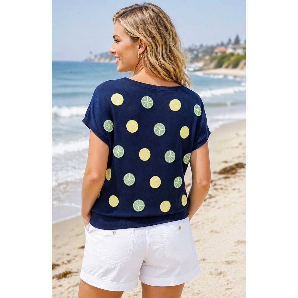 Talbots Petite 2XP Lemon Beaded Sweater Navy Blue Lightweight Top Preppy Coastal - Picture 2 of 9